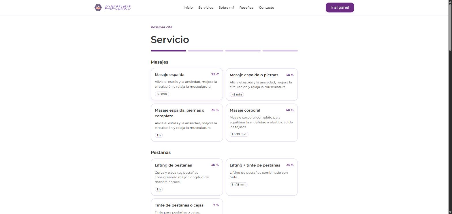 Catálogo de servicios y precios en el sistema de reservas de Kukelure